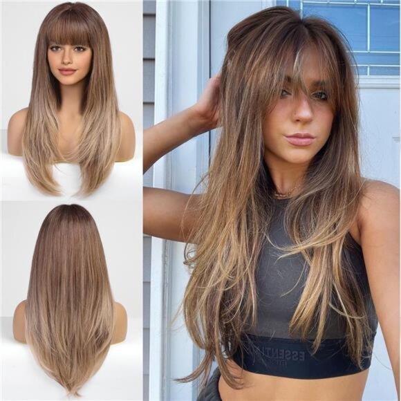Brown Wig With Bangs For Women Long Straight Wigs Synthetic Layered
